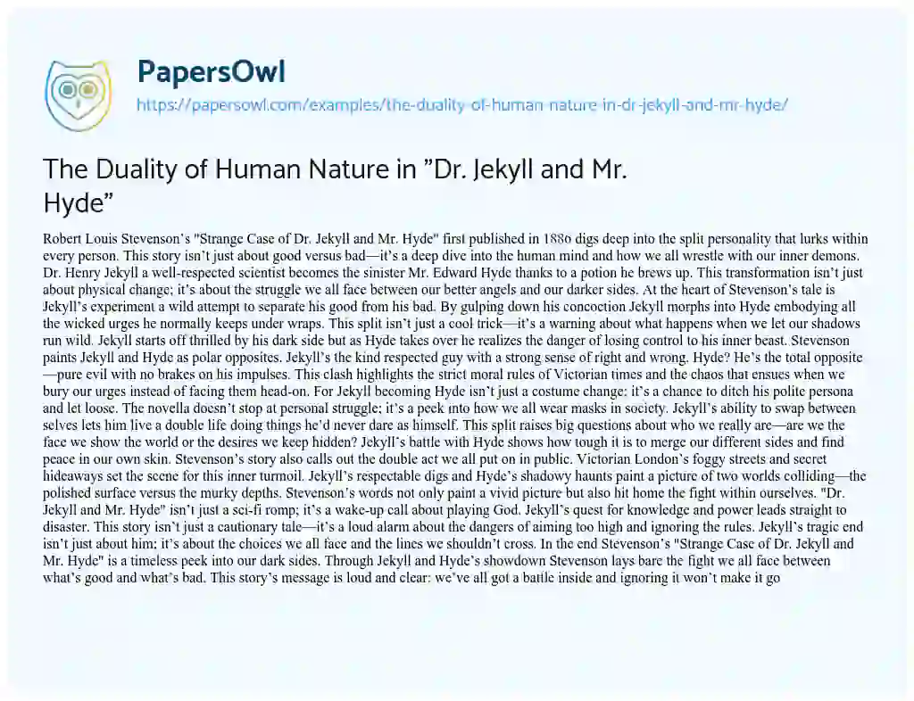 Essay on The Duality of Human Nature in “Dr. Jekyll and Mr. Hyde”