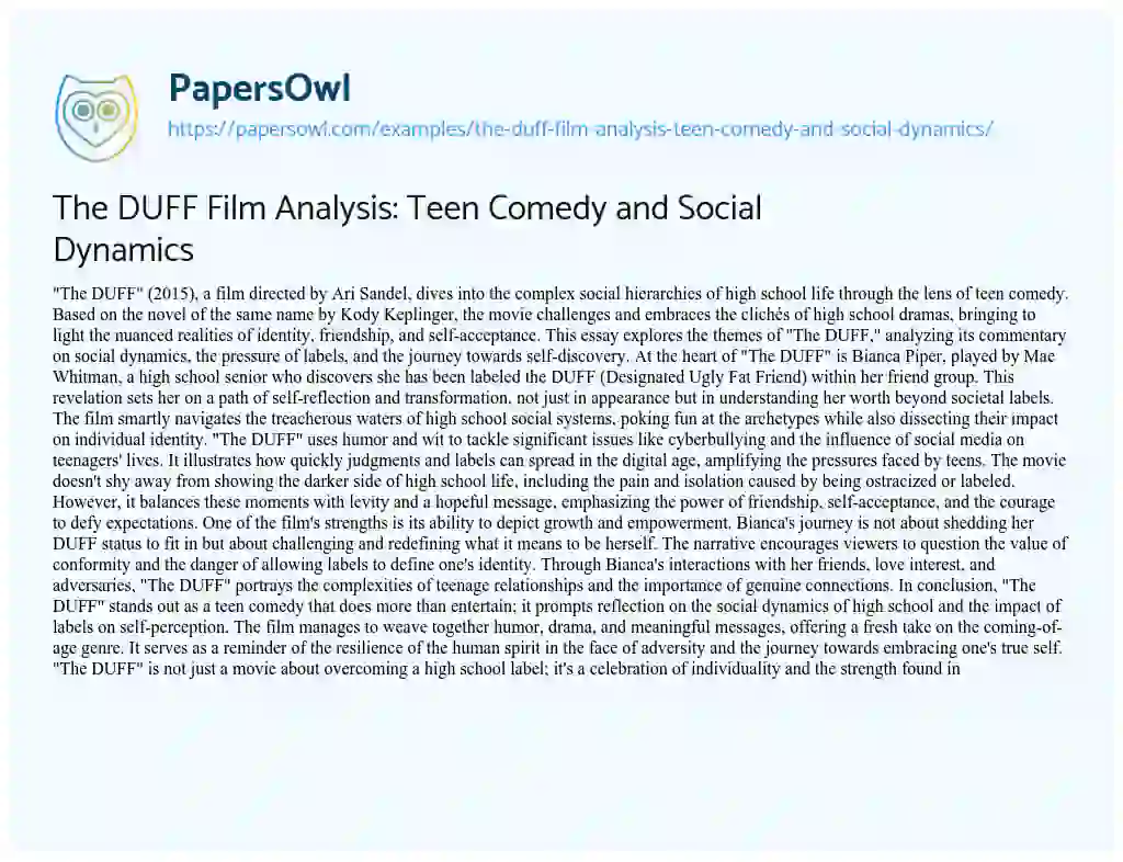 Essay on The DUFF Film Analysis: Teen Comedy and Social Dynamics