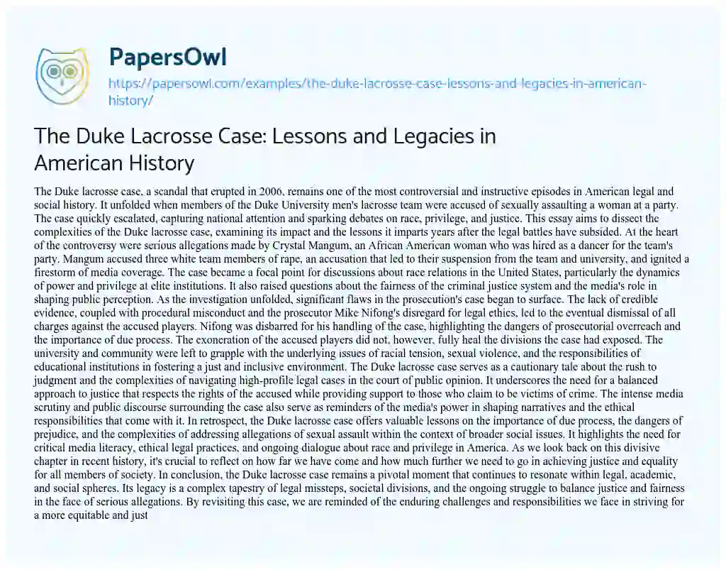 Essay on The Duke Lacrosse Case: Lessons and Legacies in American History