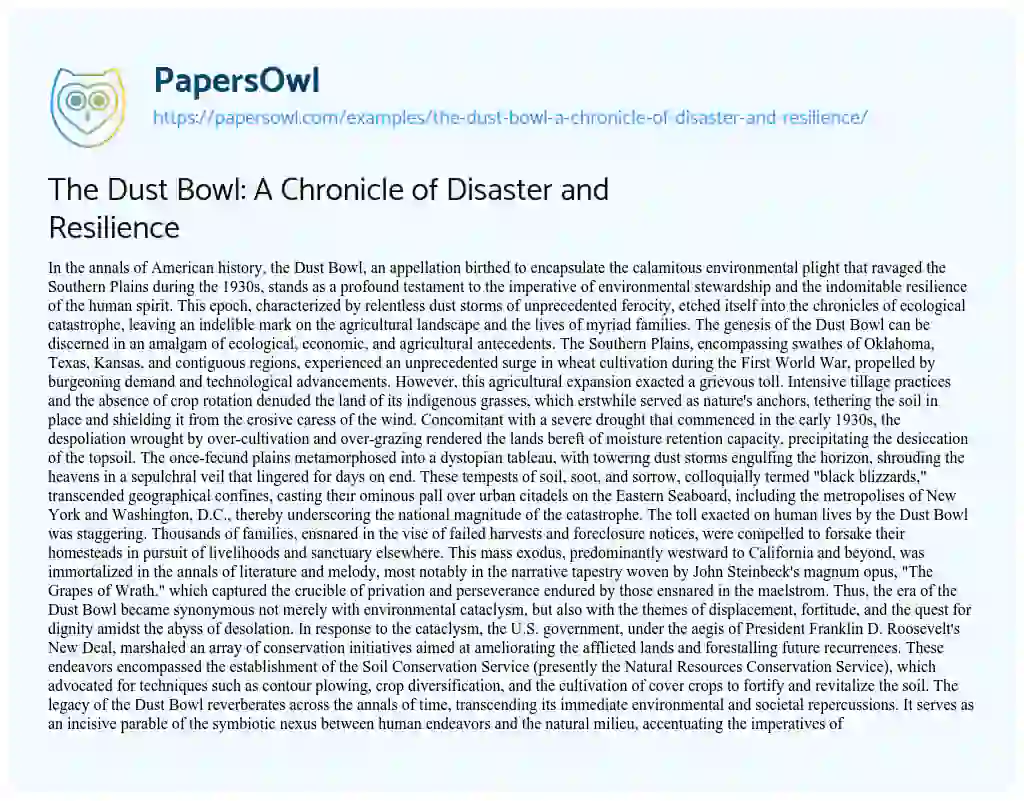 Essay on The Dust Bowl: a Chronicle of Disaster and Resilience