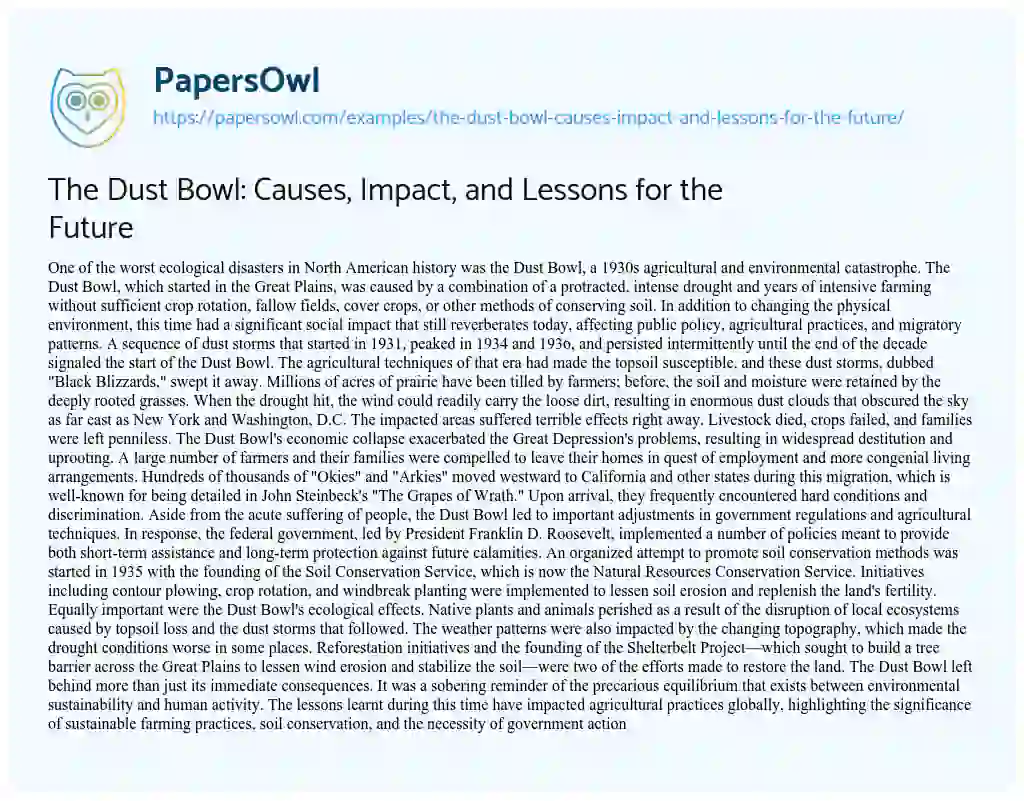 Essay on The Dust Bowl: Causes, Impact, and Lessons for the Future