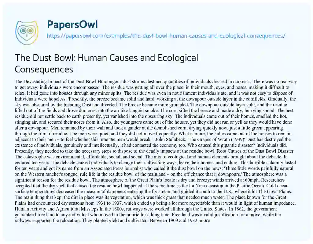 Essay on The Dust Bowl: Human Causes and Ecological Consequences
