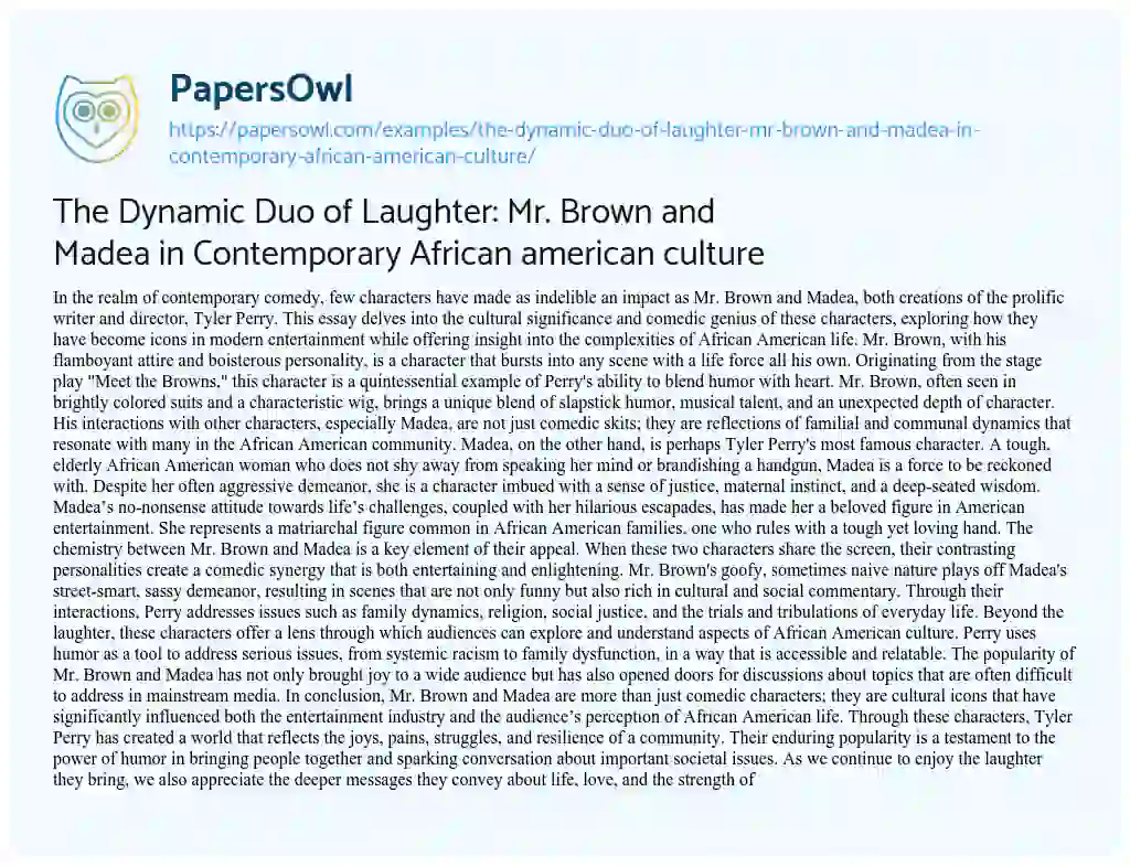 Essay on The Dynamic Duo of Laughter: Mr. Brown and Madea in Contemporary African American Culture