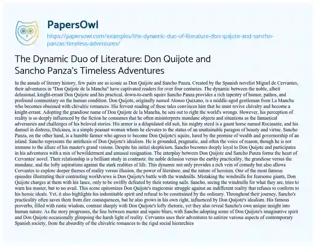 Essay on The Dynamic Duo of Literature: Don Quijote and Sancho Panza’s Timeless Adventures