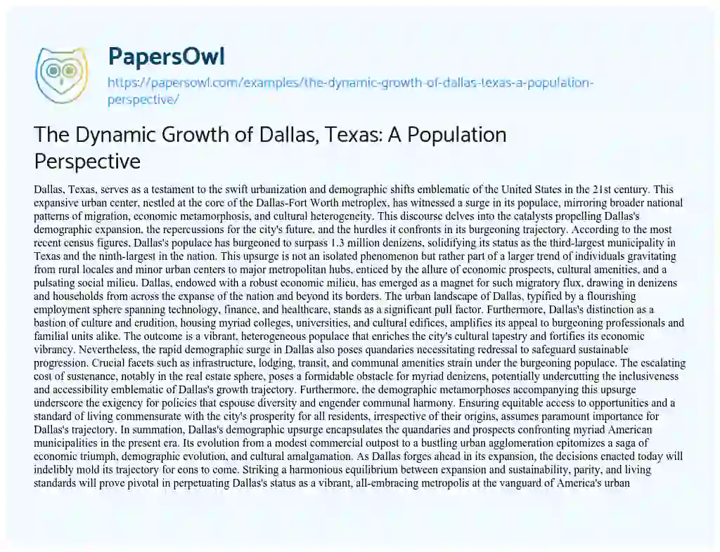 Essay on The Dynamic Growth of Dallas, Texas: a Population Perspective