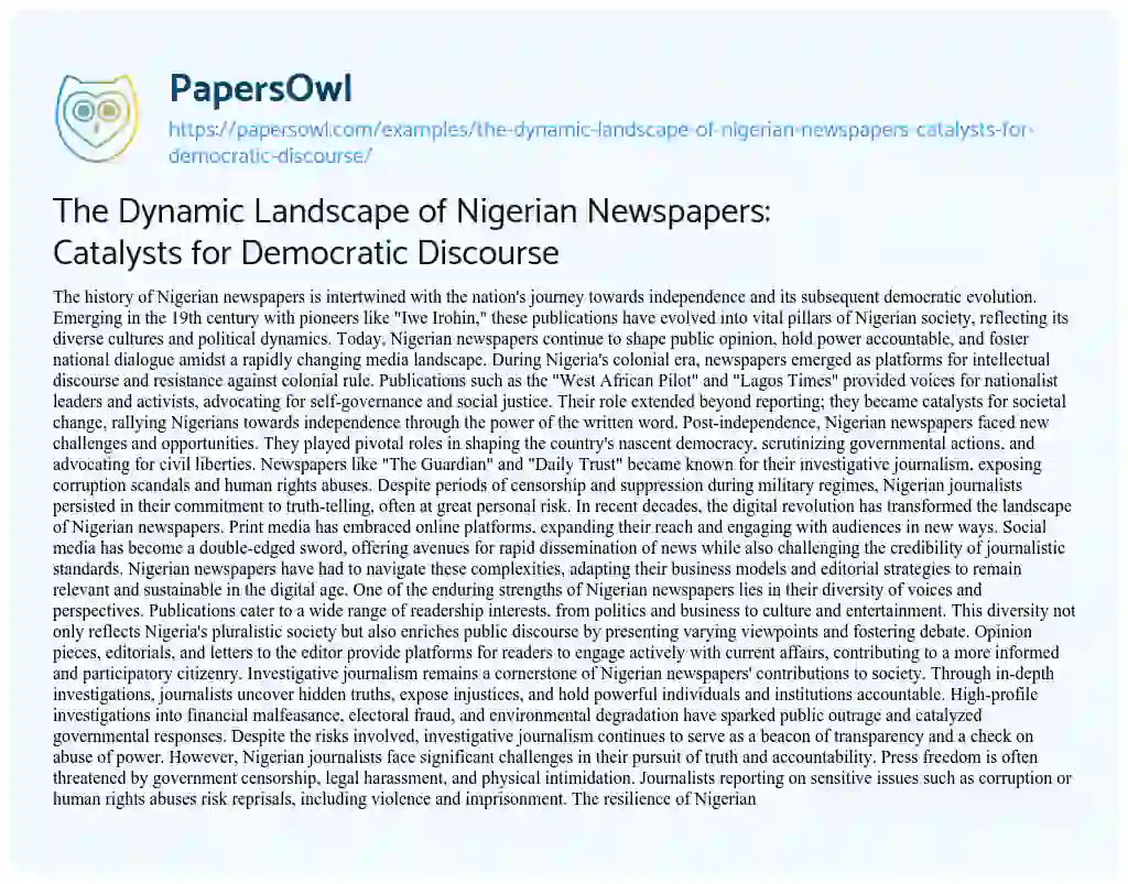 Essay on The Dynamic Landscape of Nigerian Newspapers: Catalysts for Democratic Discourse