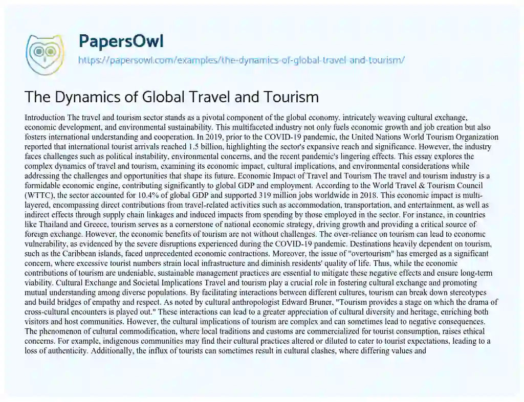 Essay on The Dynamics of Global Travel and Tourism