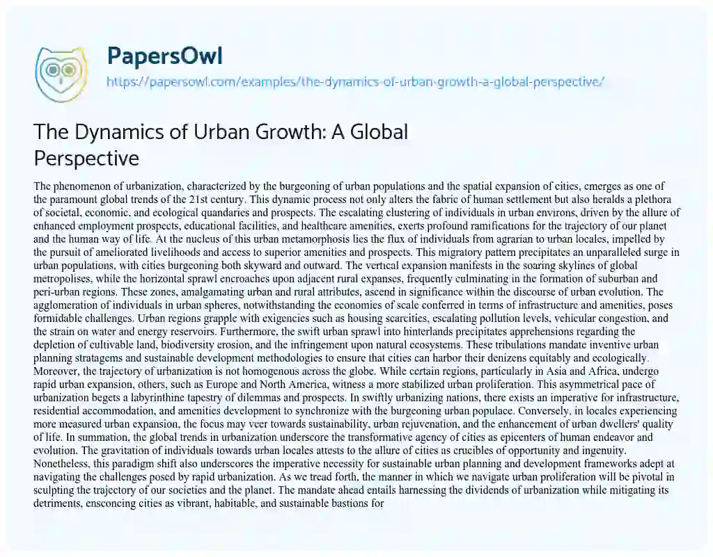 Essay on The Dynamics of Urban Growth: a Global Perspective