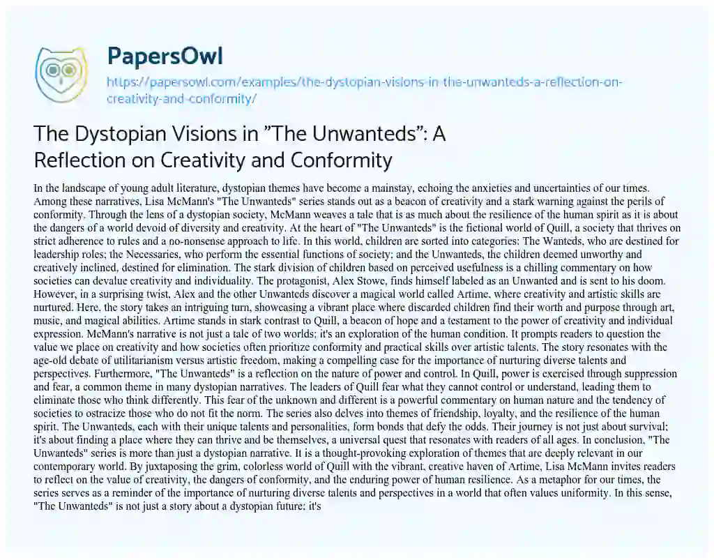 Essay on The Dystopian Visions in “The Unwanteds”: a Reflection on Creativity and Conformity