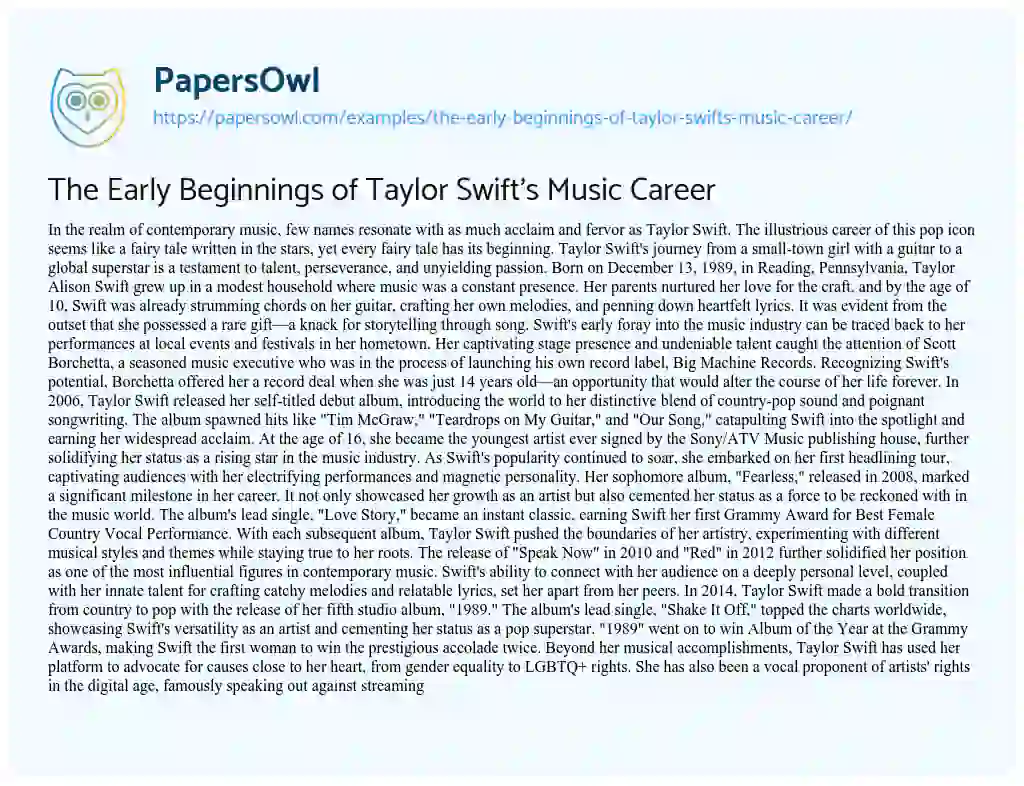 Essay on The Early Beginnings of Taylor Swift’s Music Career