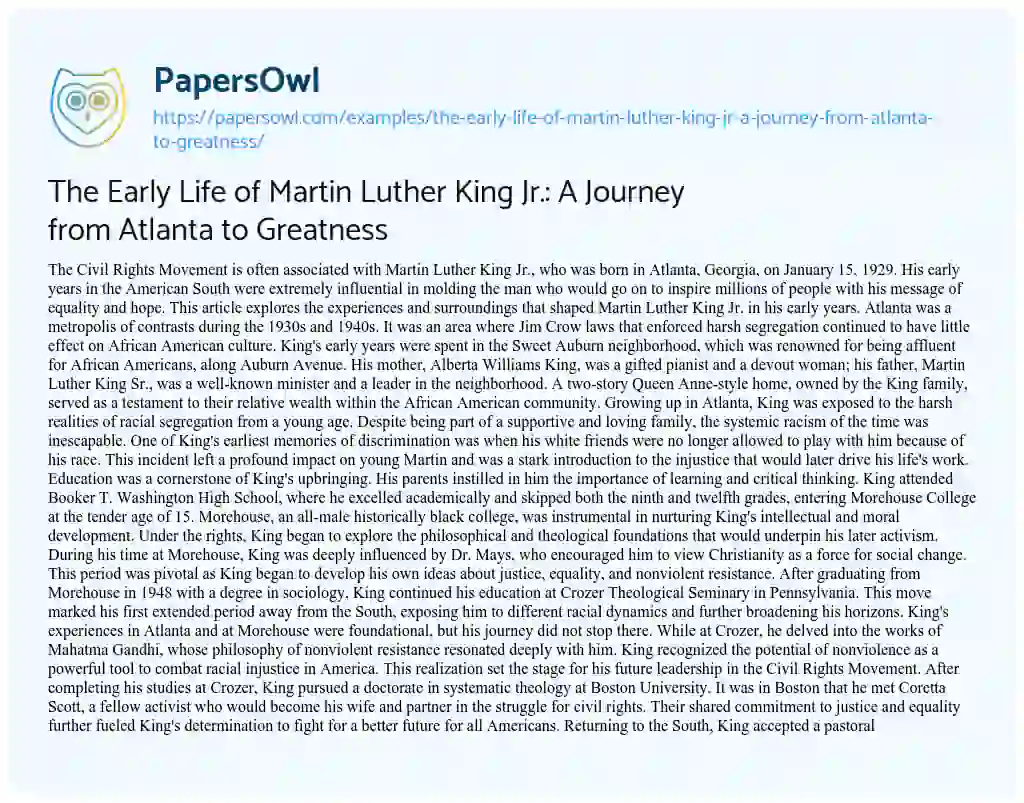 Essay on The Early Life of Martin Luther King Jr.: a Journey from Atlanta to Greatness