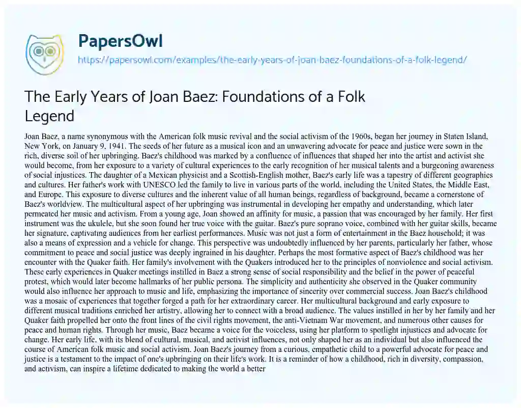 Essay on The Early Years of Joan Baez: Foundations of a Folk Legend