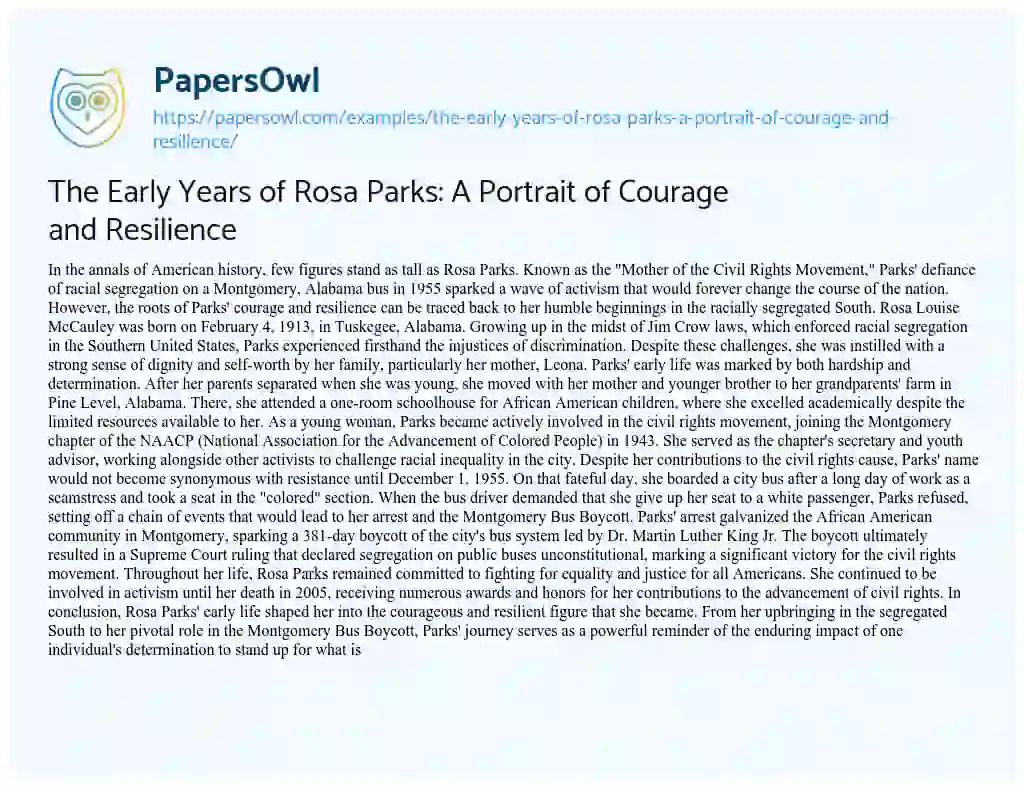 Essay on The Early Years of Rosa Parks: a Portrait of Courage and Resilience
