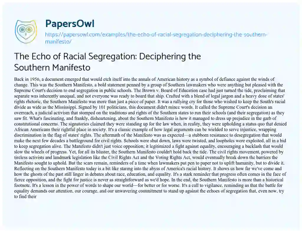 Essay on The Echo of Racial Segregation: Deciphering the Southern Manifesto