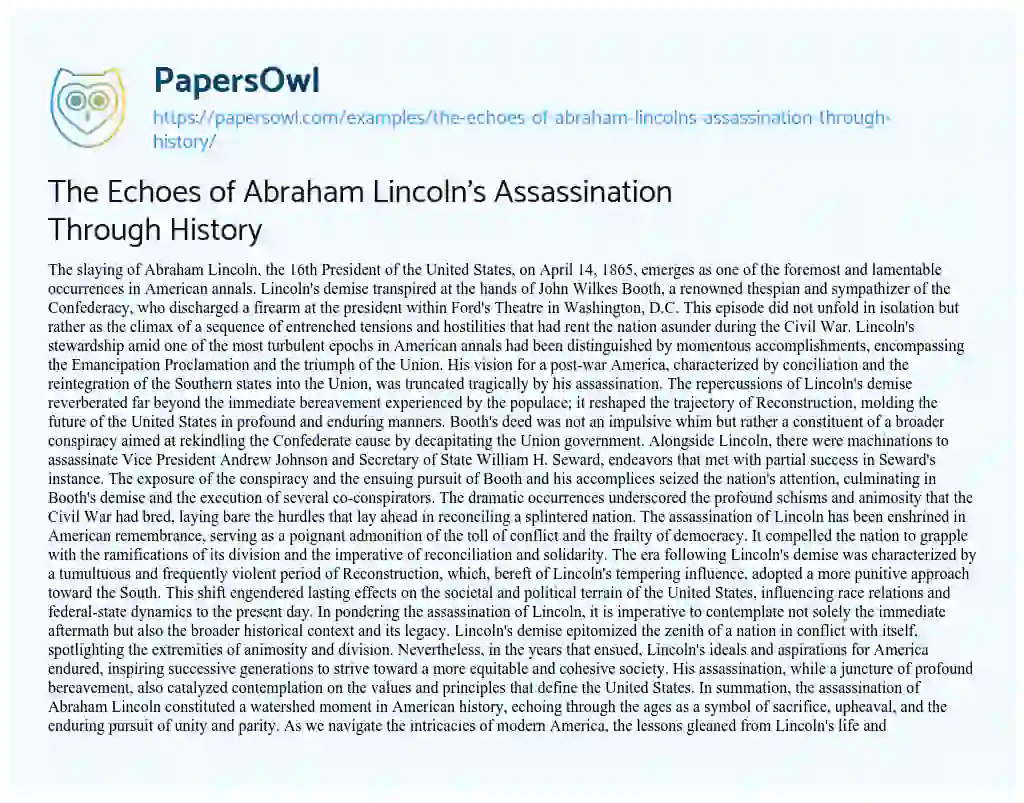Essay on The Echoes of Abraham Lincoln’s Assassination through History
