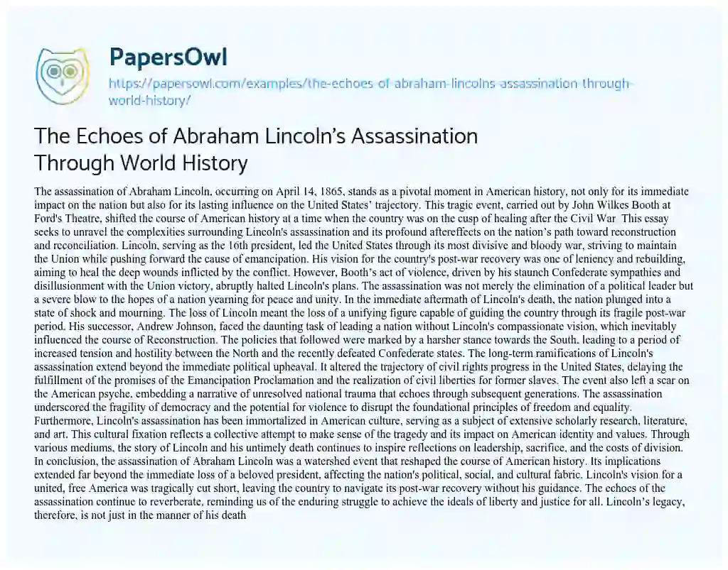 Essay on The Echoes of Abraham Lincoln’s Assassination through World History
