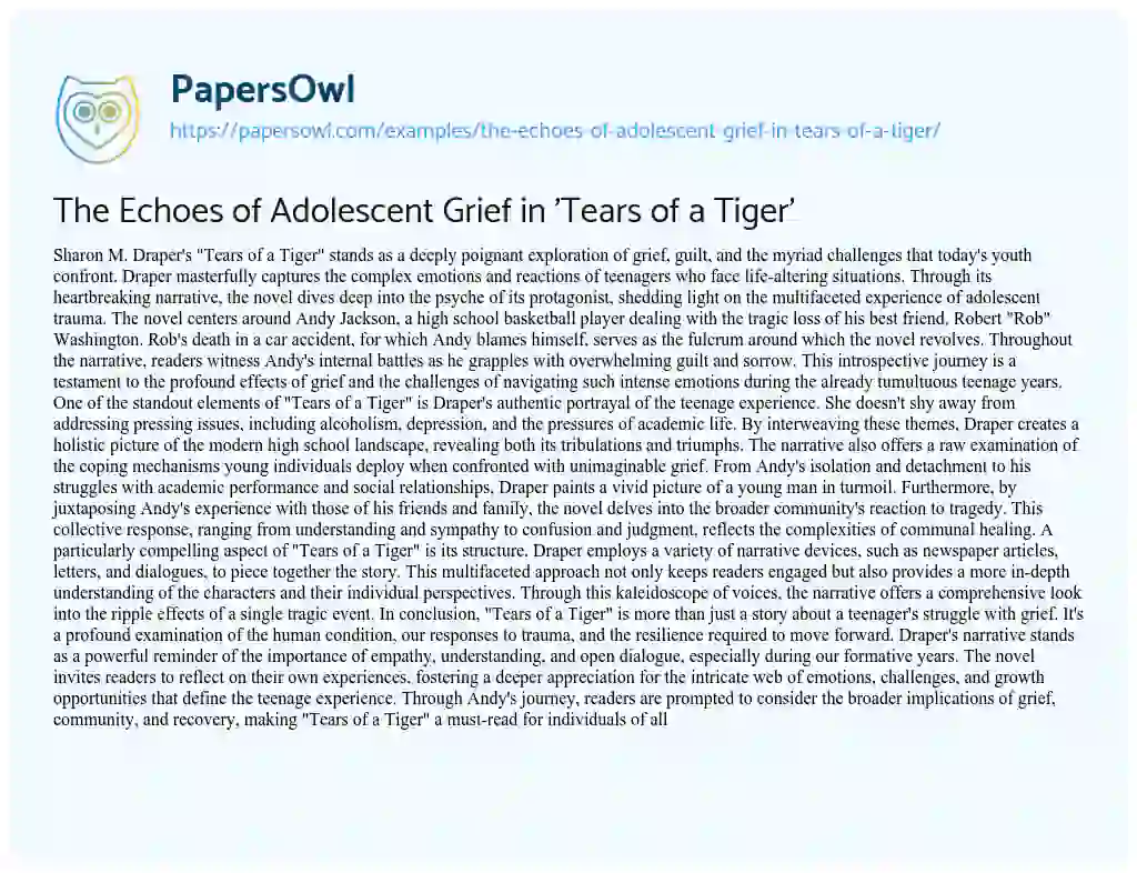 Essay on The Echoes of Adolescent Grief in ‘Tears of a Tiger’