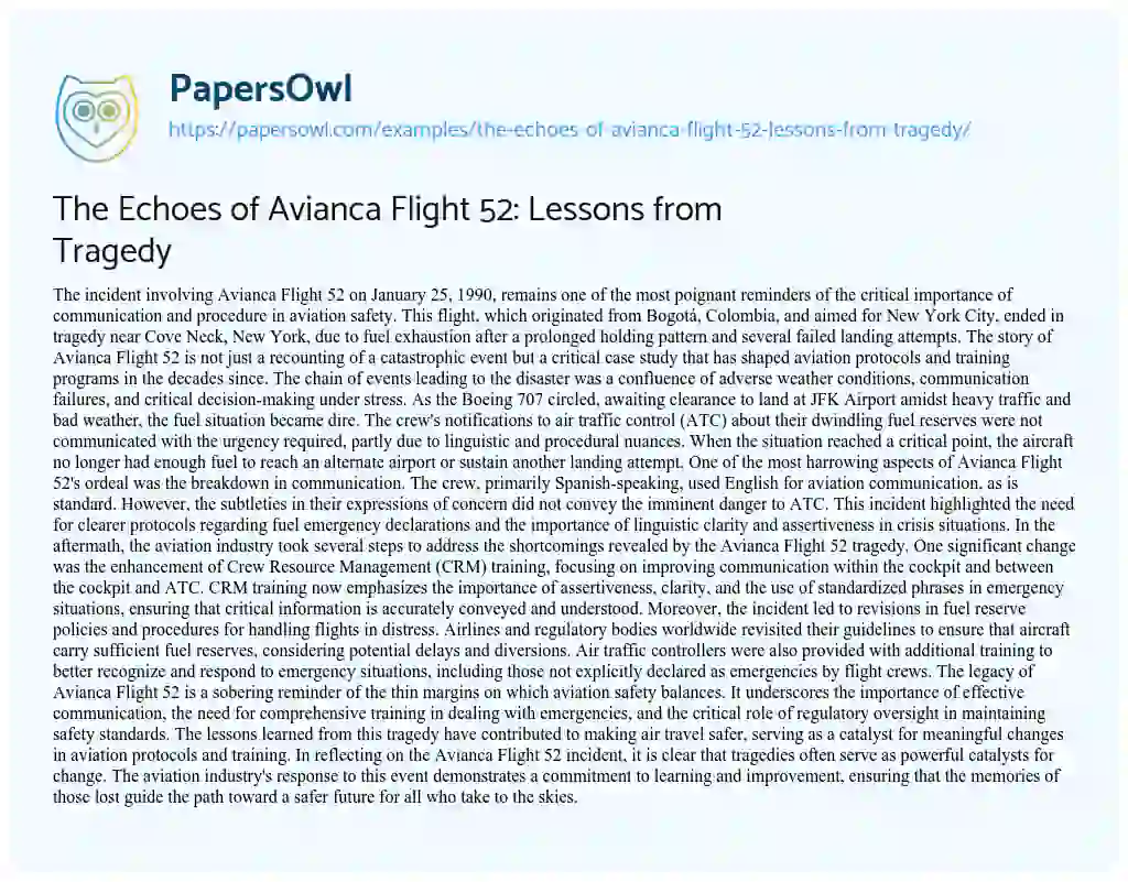 Essay on The Echoes of Avianca Flight 52: Lessons from Tragedy