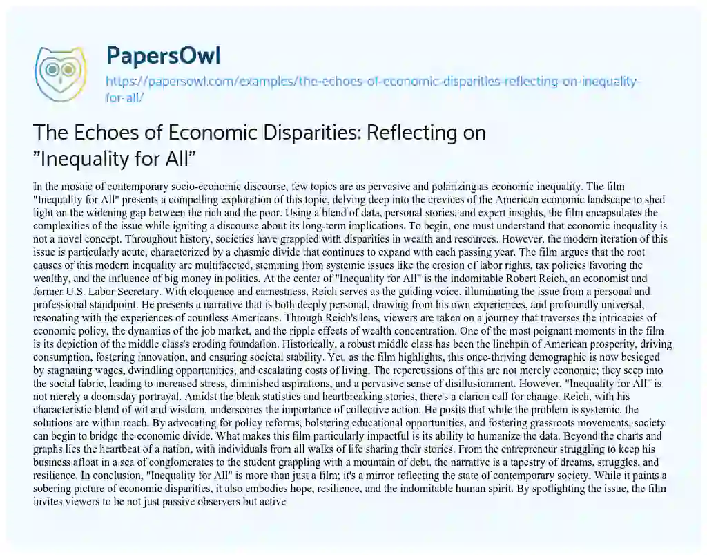 Essay on The Echoes of Economic Disparities: Reflecting on “Inequality for All”