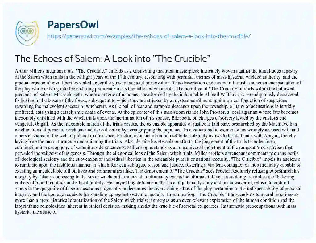 Essay on The Echoes of Salem: a Look into “The Crucible”