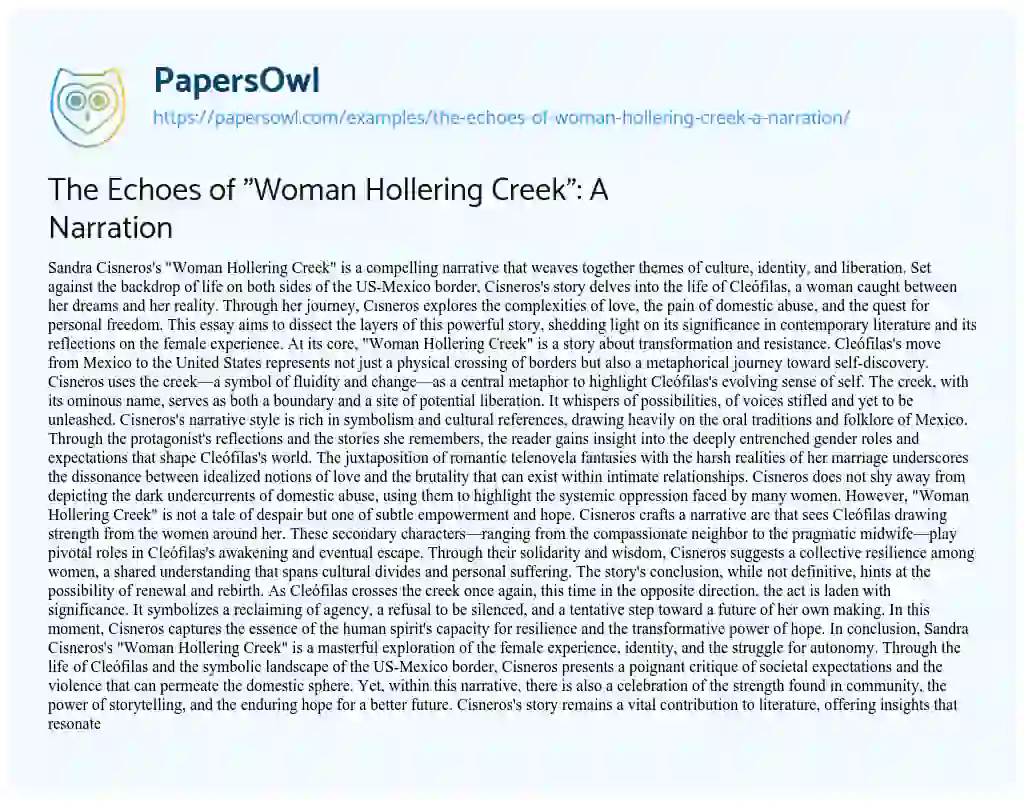 Essay on The Echoes of “Woman Hollering Creek”: a Narration