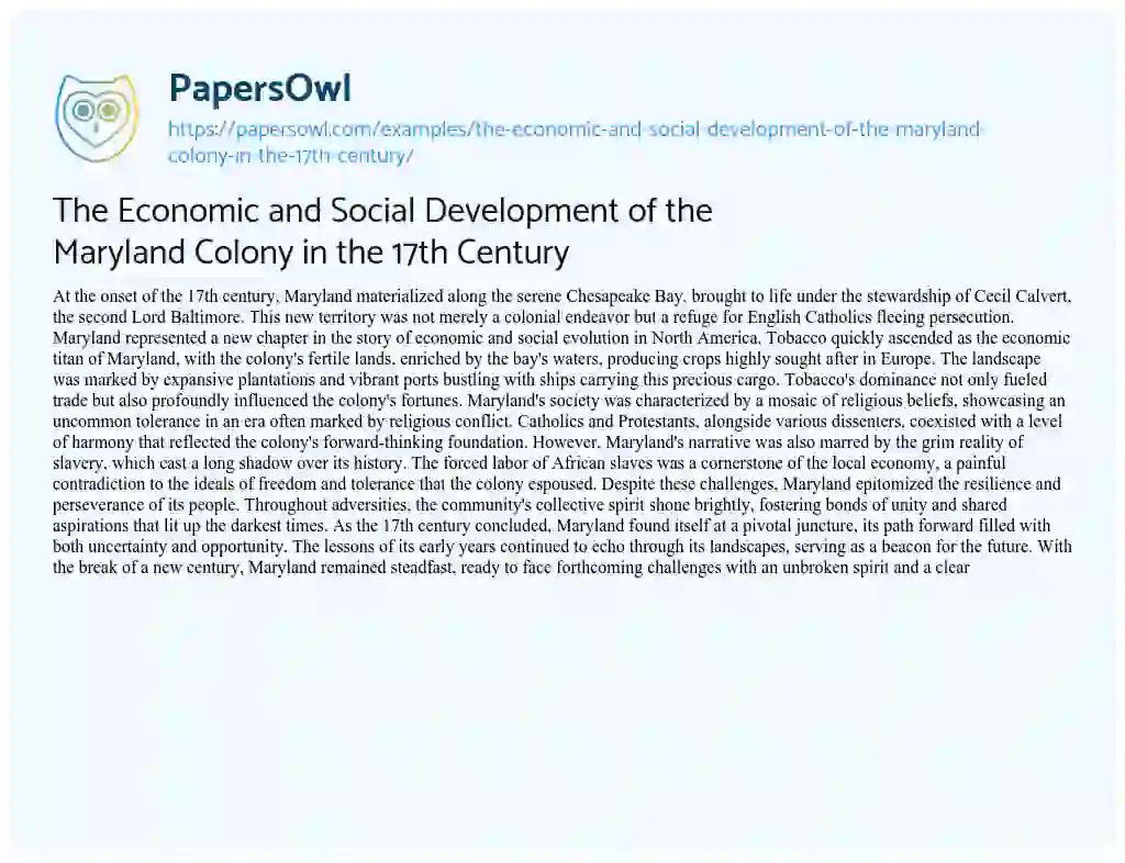 Essay on The Economic and Social Development of the Maryland Colony in the 17th Century