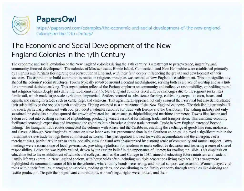 Essay on The Economic and Social Development of the New England Colonies in the 17th Century