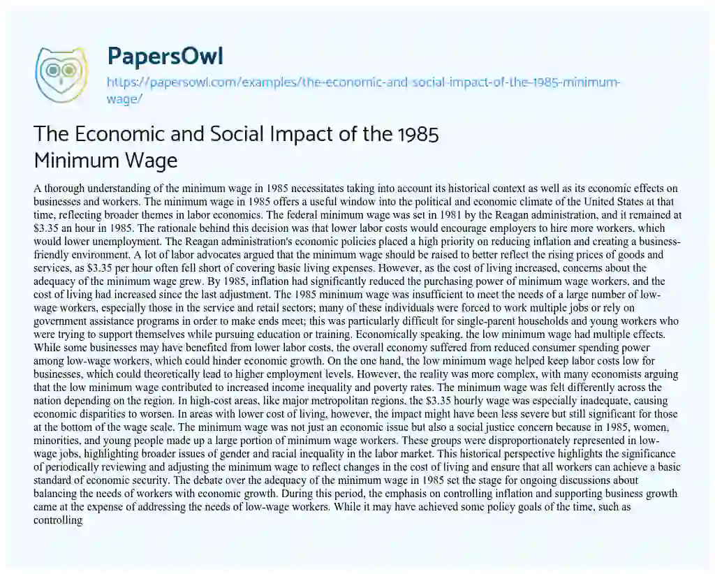 Essay on The Economic and Social Impact of the 1985 Minimum Wage