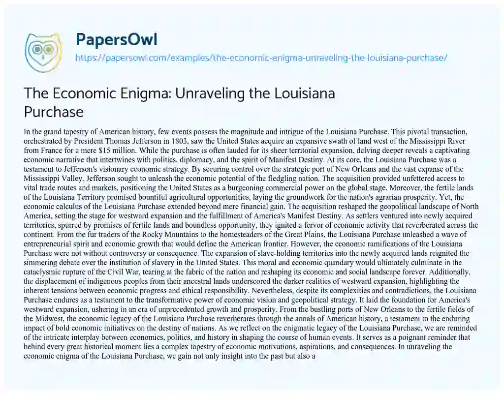 Essay on The Economic Enigma: Unraveling the Louisiana Purchase