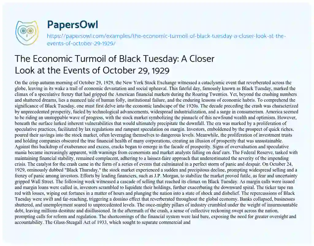 Essay on The Economic Turmoil of Black Tuesday: a Closer Look at the Events of October 29, 1929