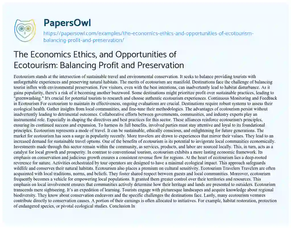 Essay on The Economics Ethics, and Opportunities of Ecotourism: Balancing Profit and Preservation