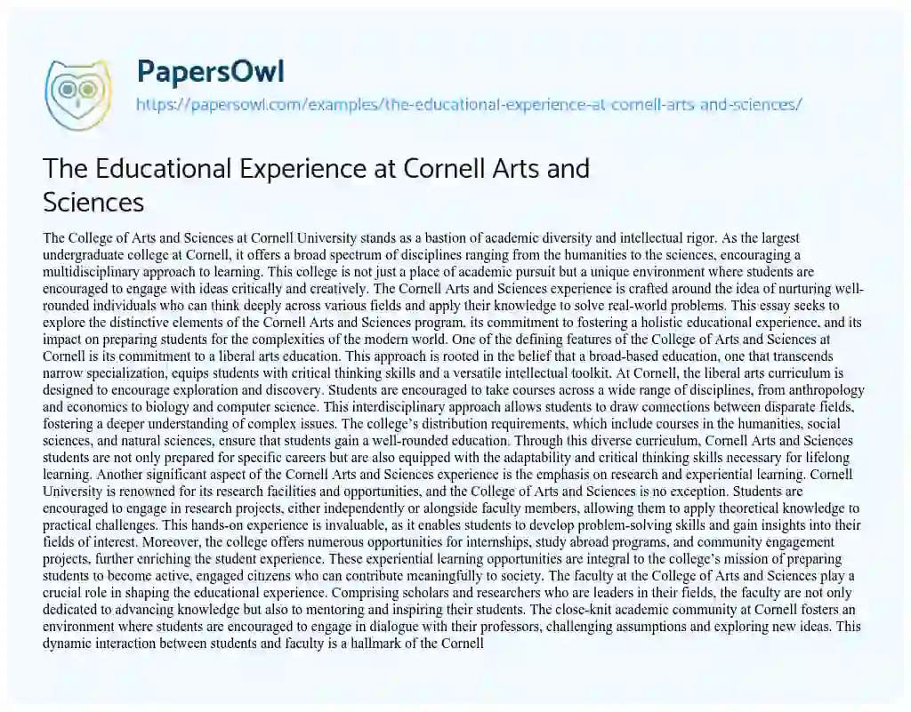 Essay on The Educational Experience at Cornell Arts and Sciences