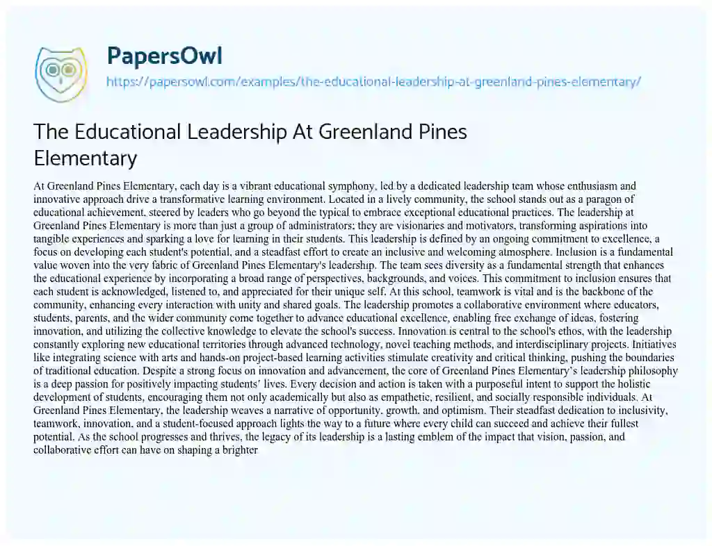 Essay on The Educational Leadership at Greenland Pines Elementary