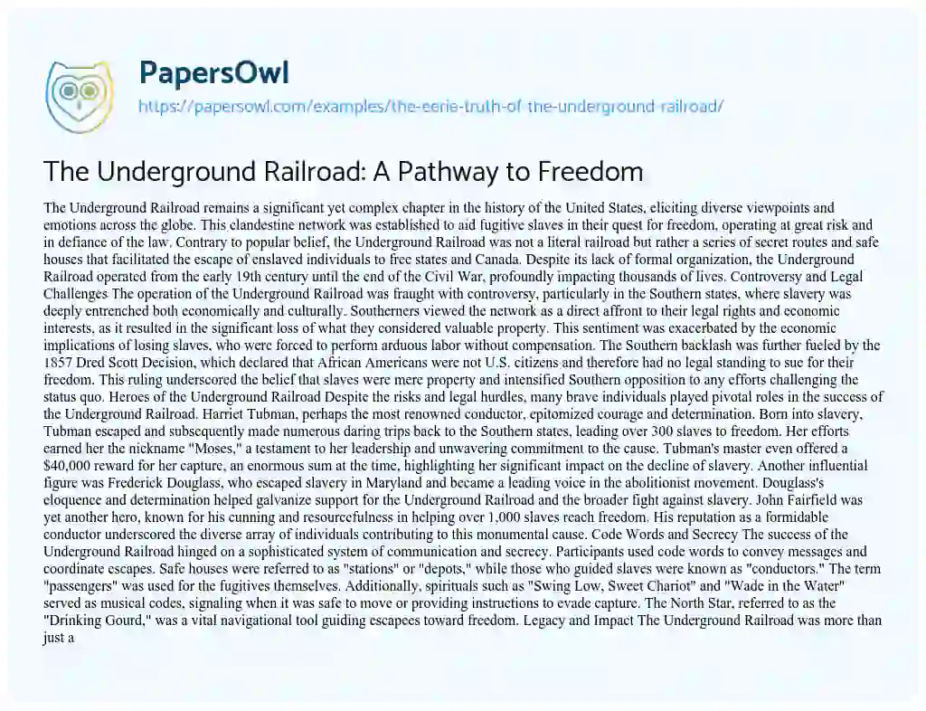 Essay on The Eerie Truth of the Underground Railroad