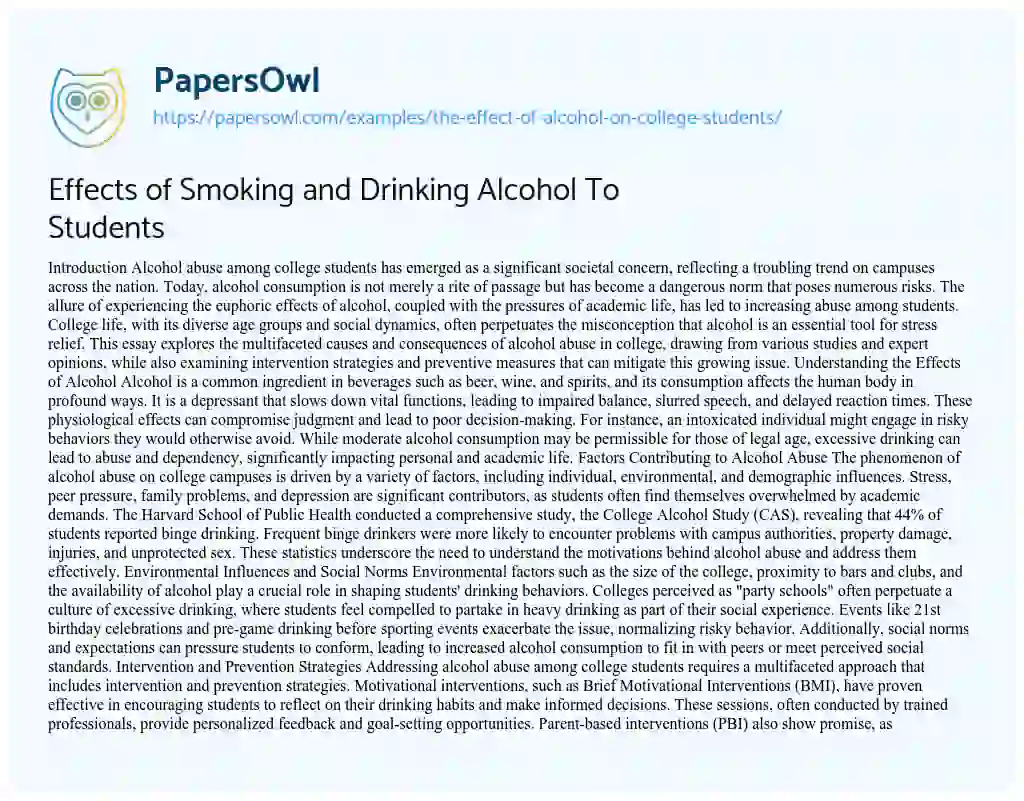 Essay on The Effect of Alcohol on College Students