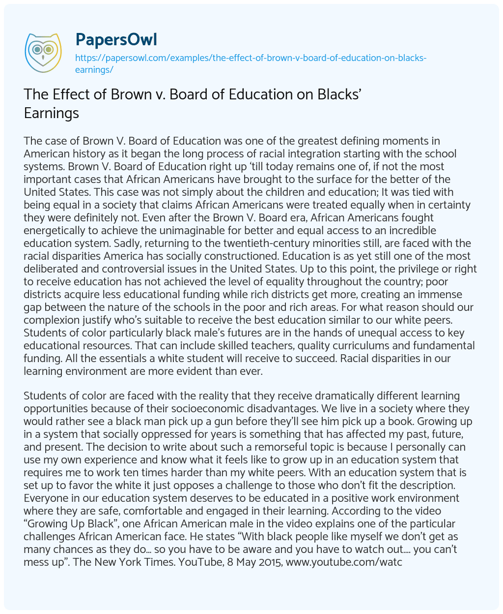 Essay on The Effect of Brown V. Board of Education on Blacks’ Earnings