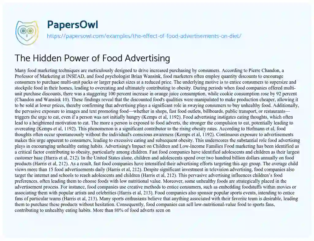 Essay on The Effect of Food Advertisements on Diet 