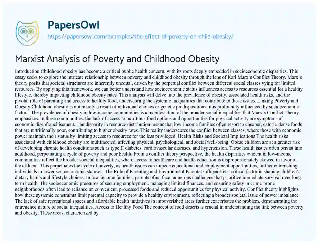 Essay on The Effect of Poverty on Child Obesity