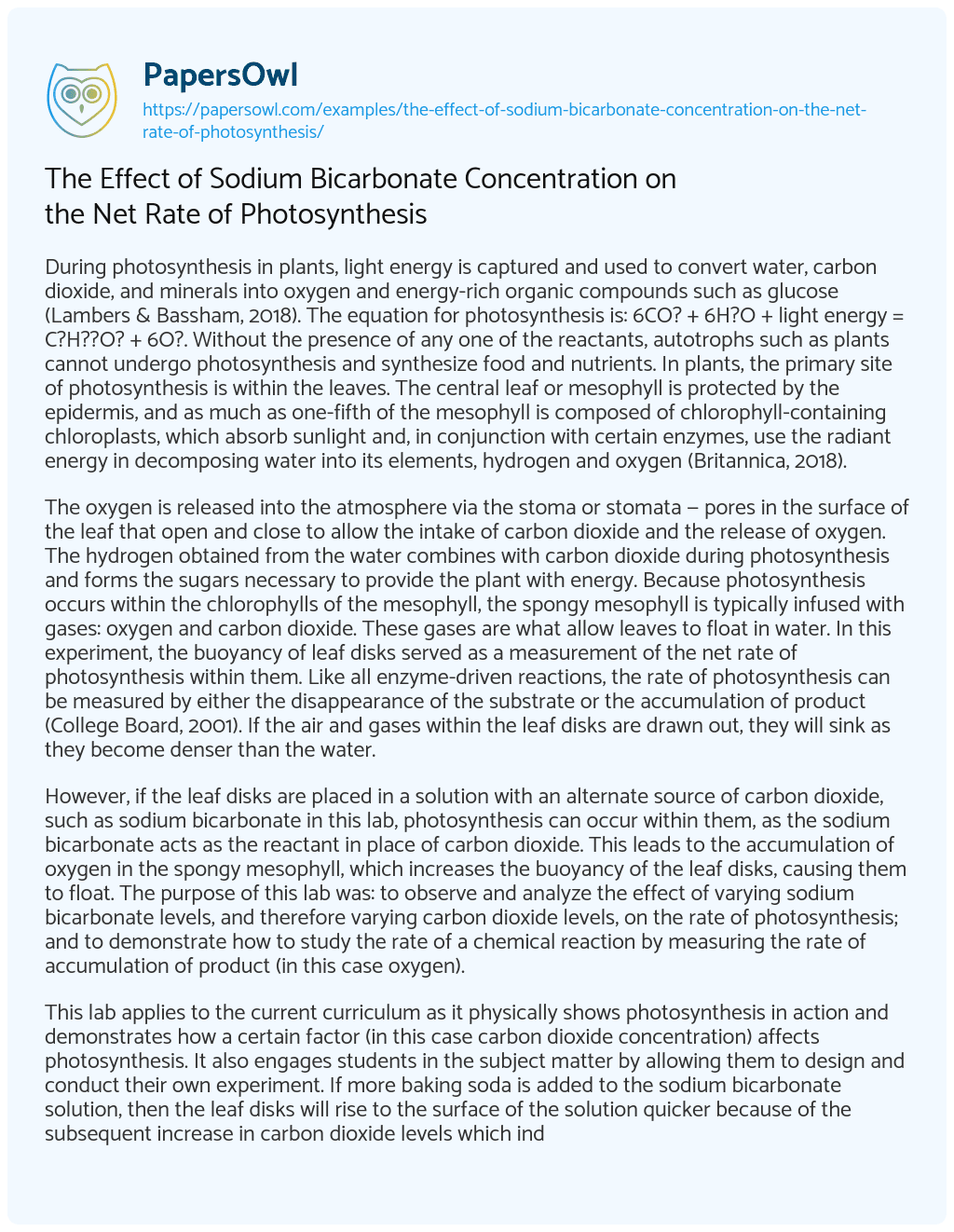 The Effect of Sodium Bicarbonate Concentration on the Net Rate of Photosynthesis The Effect of Sodium Bicarbonate Concentration on the Net Rate of Photosynthesis essay