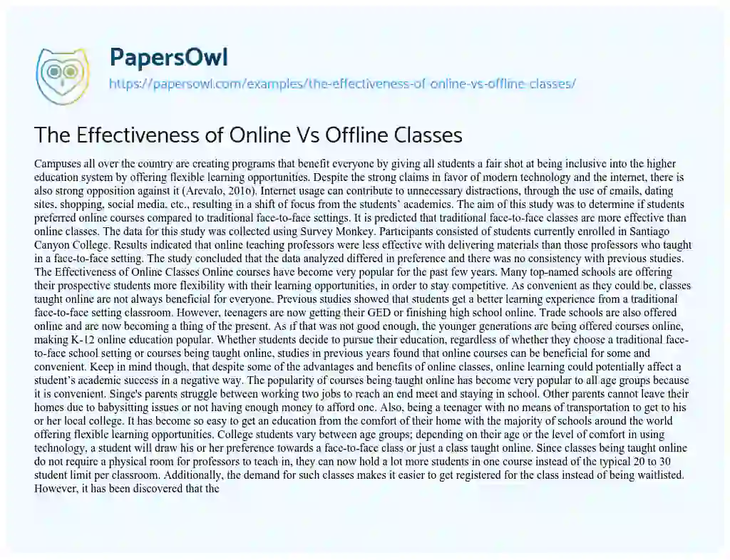 The Effectiveness of Online Vs Offline Classes  essay