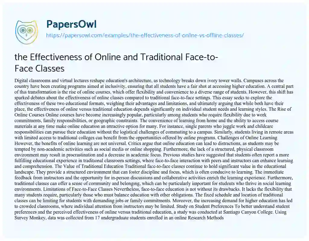 Essay on The Effectiveness of Online Vs Offline Classes 