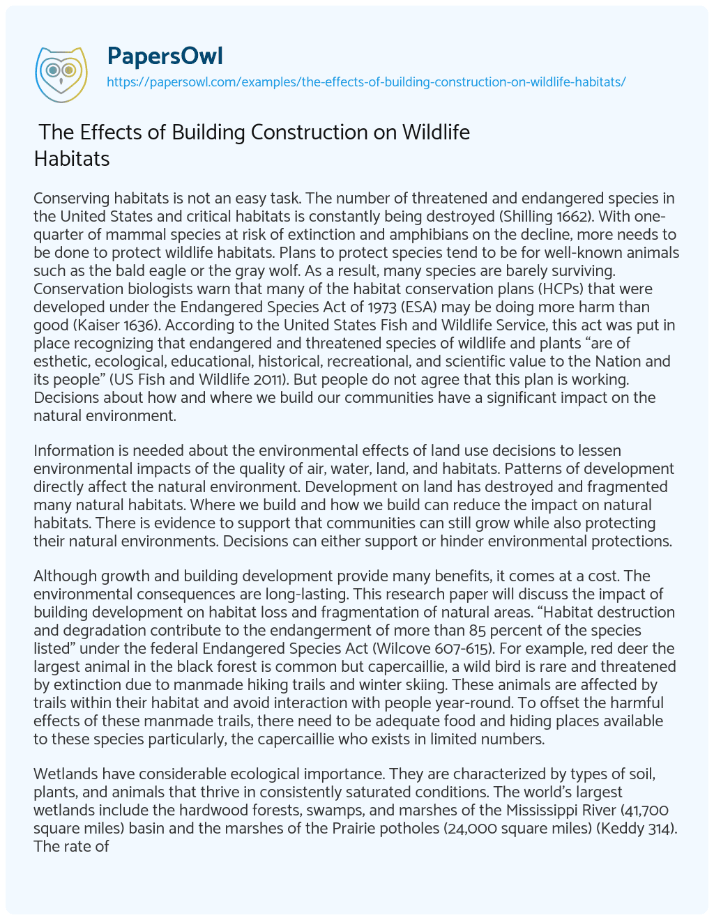 Essay on  The Effects of Building Construction on Wildlife Habitats