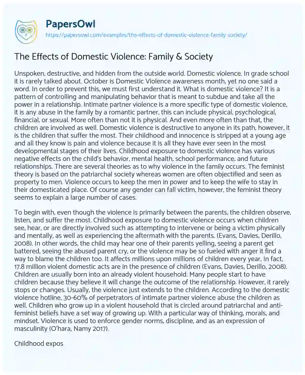 Essay on The Effects of Domestic Violence: Family & Society