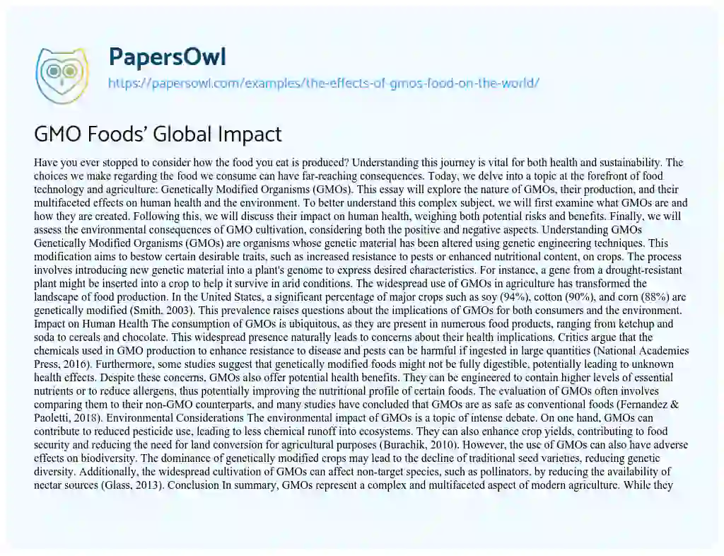 Essay on The Effects of GMO’s Food on the World