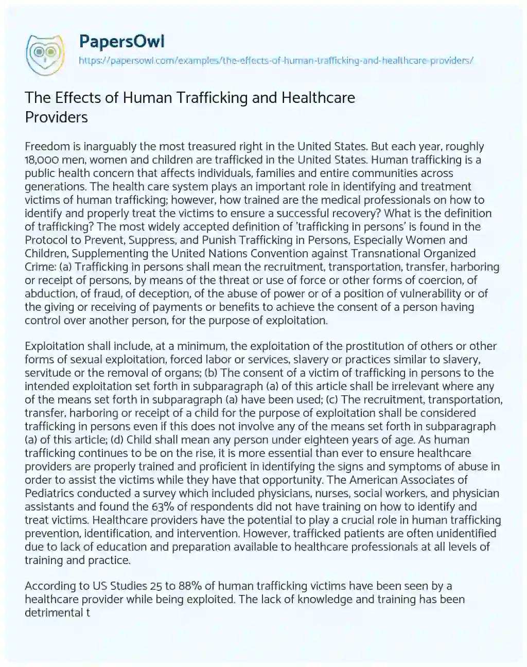 Essay on The Effects of Human Trafficking and Healthcare Providers