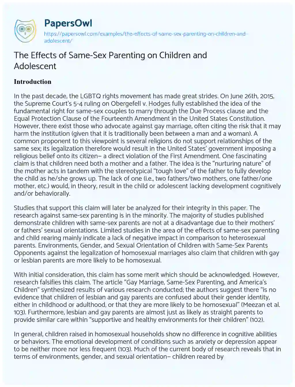 Essay on The Effects of Same-Sex Parenting on Children and Adolescent