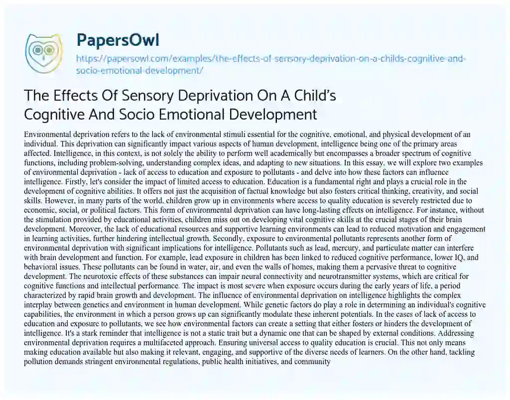 Essay on The Effects of Sensory Deprivation on a Child’s Cognitive and Socio Emotional Development