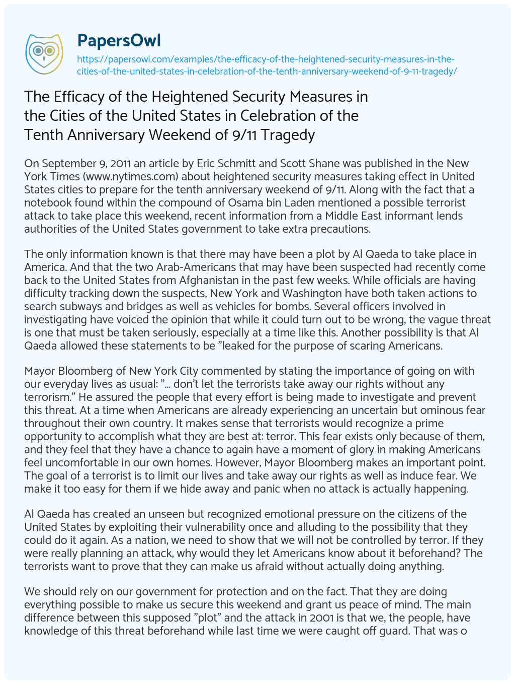 Essay on The Efficacy of the Heightened Security Measures in the Cities of the United States in Celebration of the Tenth Anniversary Weekend of 9/11 Tragedy