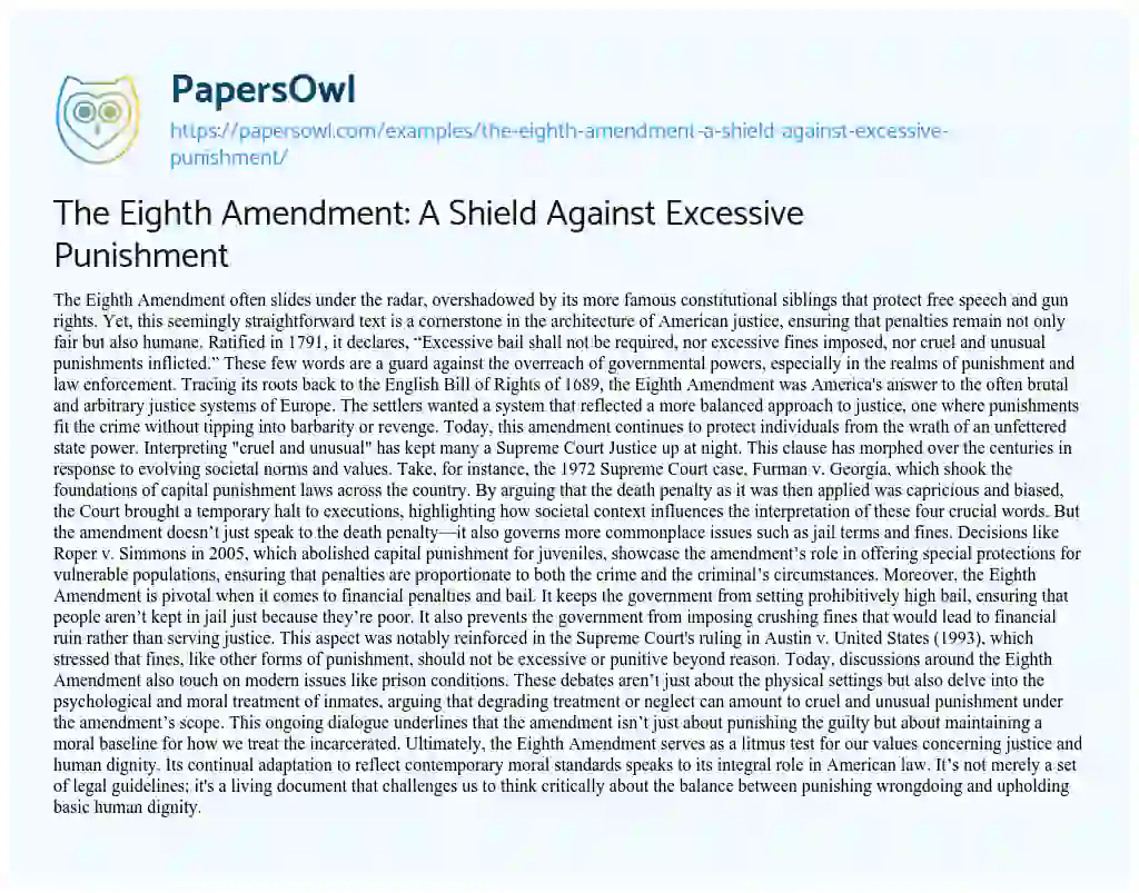Essay on The Eighth Amendment: a Shield against Excessive Punishment
