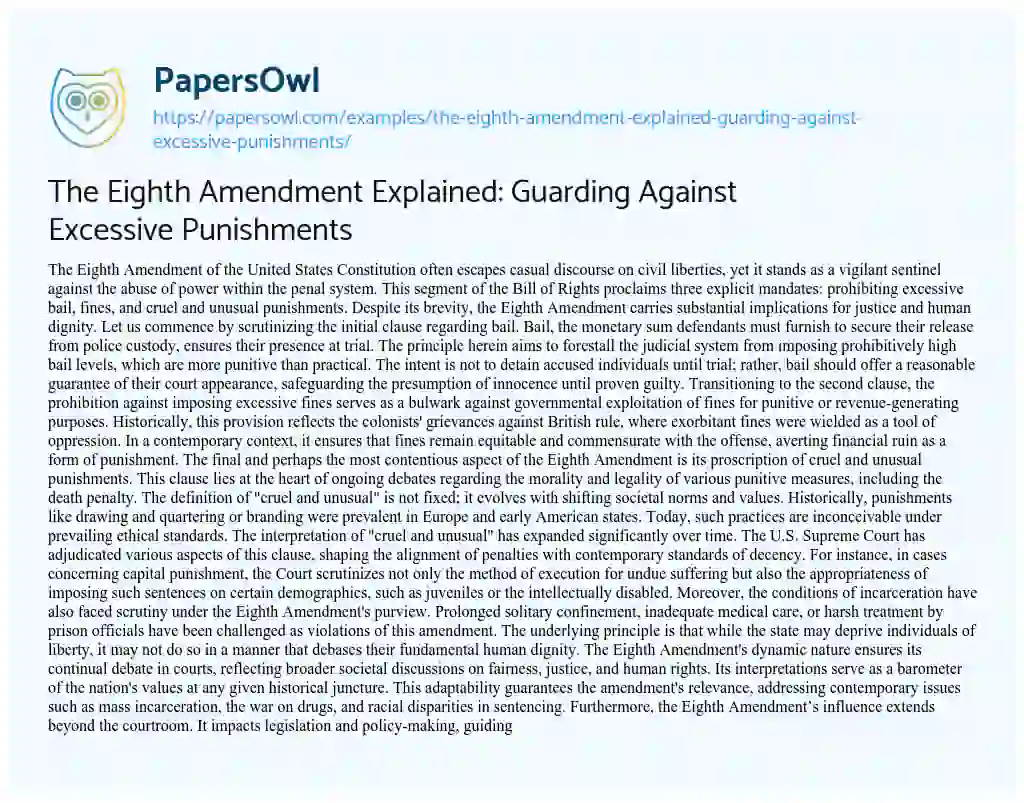 Essay on The Eighth Amendment Explained: Guarding against Excessive Punishments